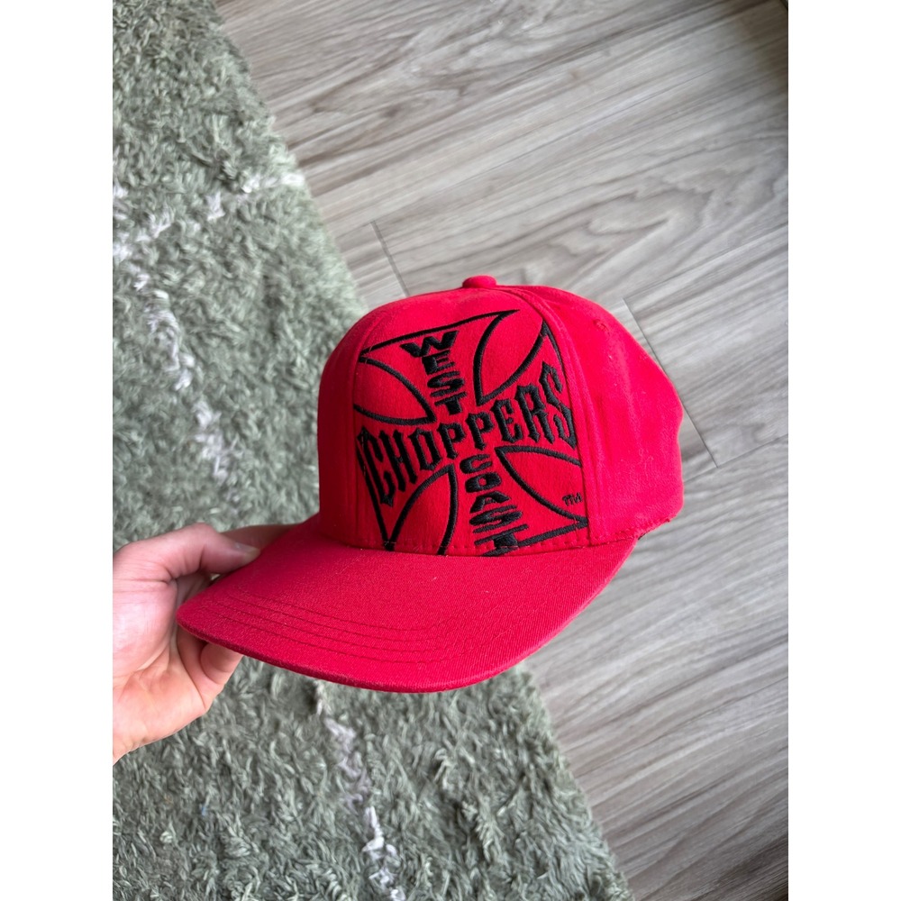 West Coast Choppers Jesse James Red Fitted Hat Iron Cross Long Beach CA Cap